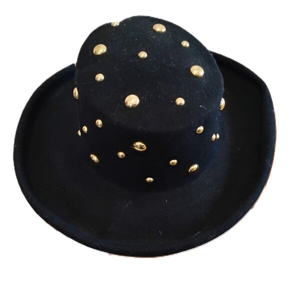 80s 90s Black Studded Western Hat , Size 23, Gold Dome Accents - Picture 3 of 5